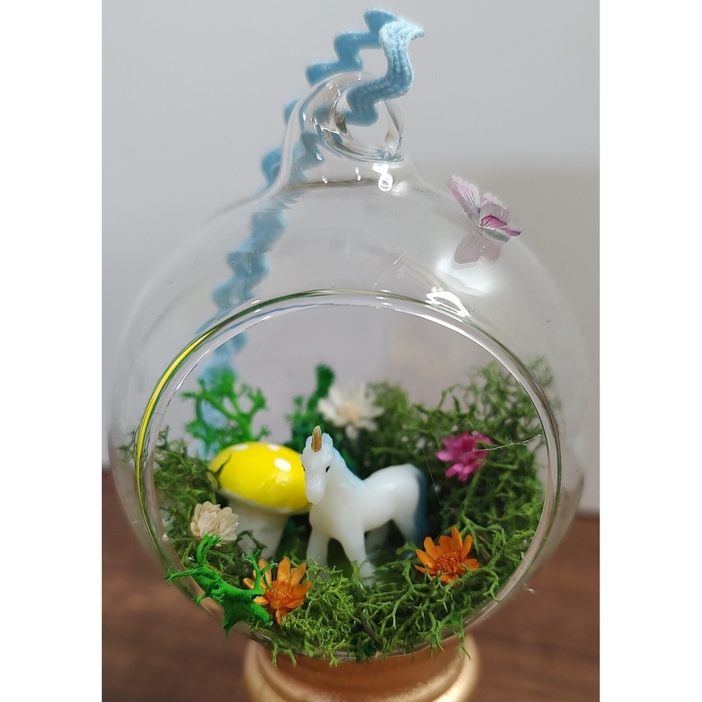 Unicorn Christmas Ornament Handmade Glass Diorama Horse Mushroom Fairy Garden